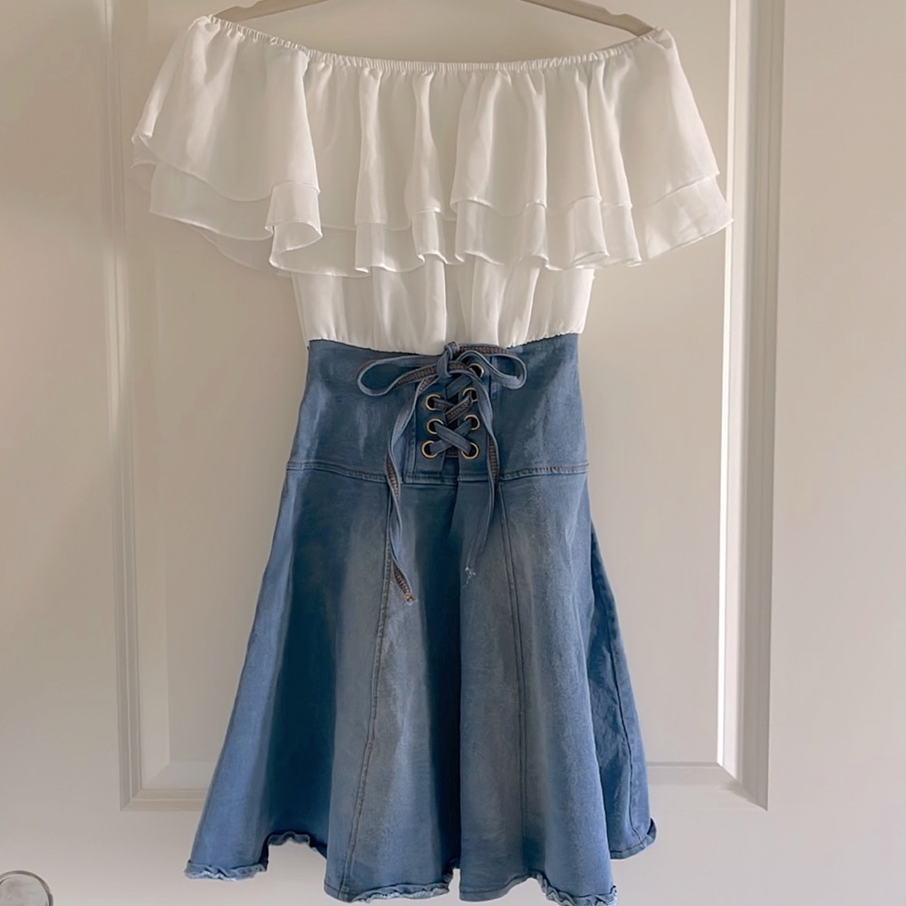 Off-Shoulder Denim Dress with white Ruffles Top